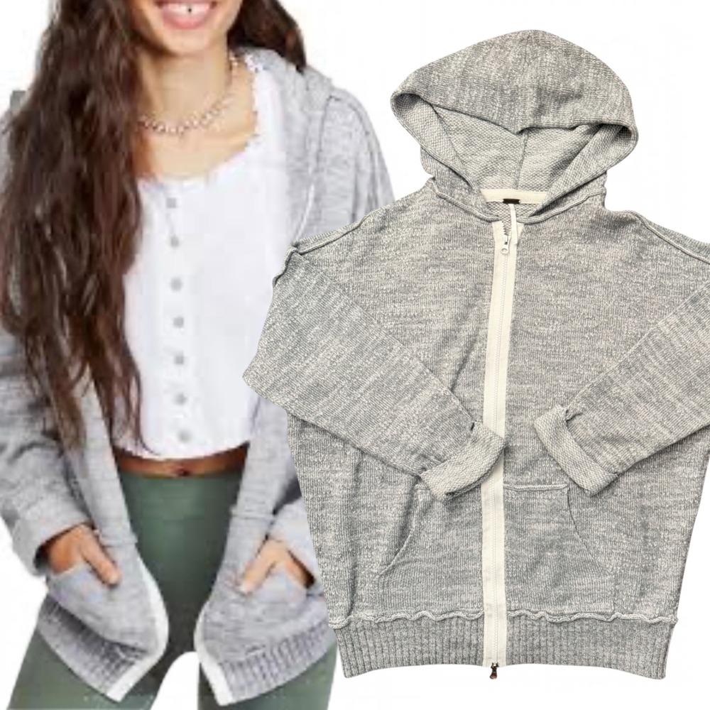 Free People Hoodie In Bloom Knit Zip Front Grey XS